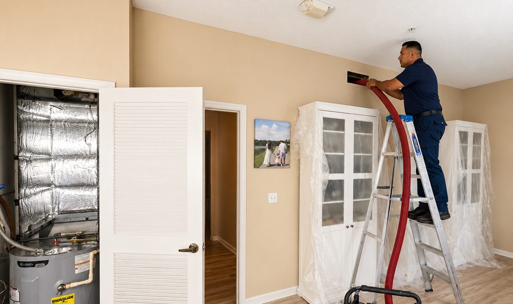 Fast Service AC technician performing professional air duct cleaning with a Rotobrush system