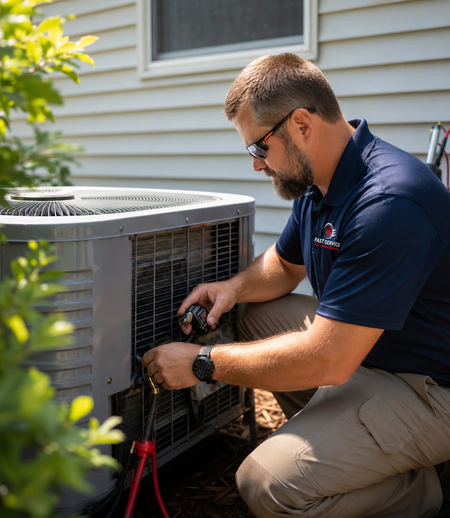 Fast Service AC technician servicing a residential air conditioning condenser