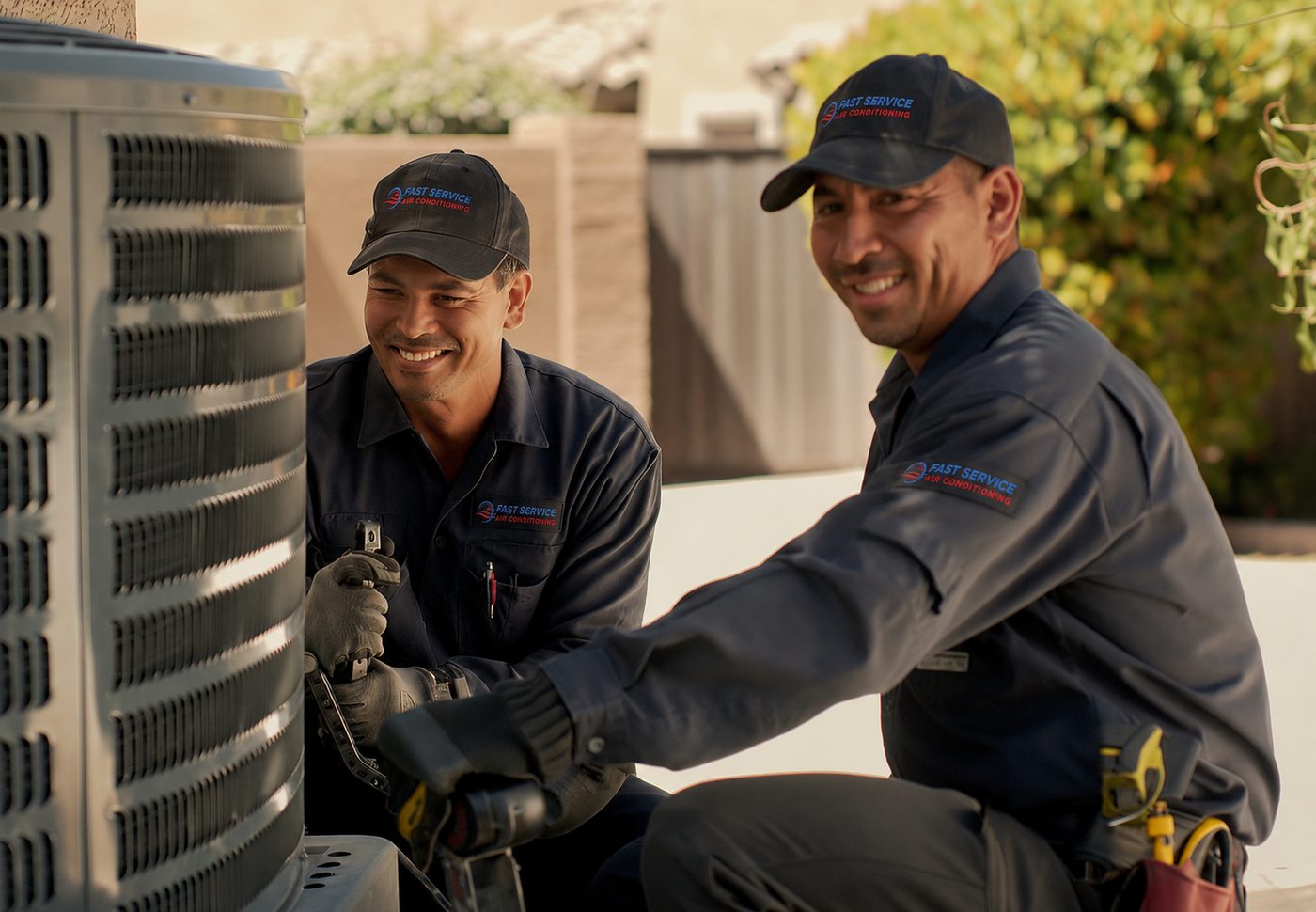 Fast Service AC technicians in uniform servicing an air conditioner